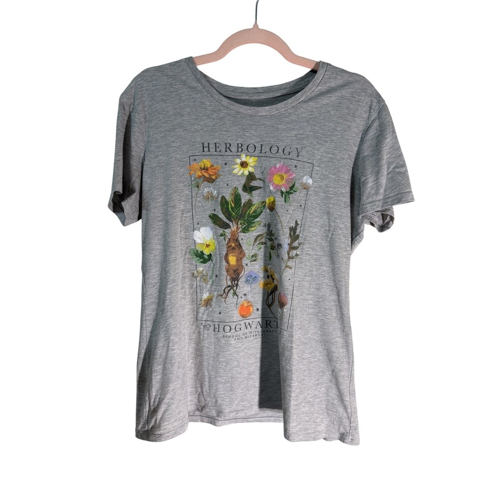 Harry Potter T-Shirt Womens L Gray Herbology Floral Embroidered Hogwarts Tee